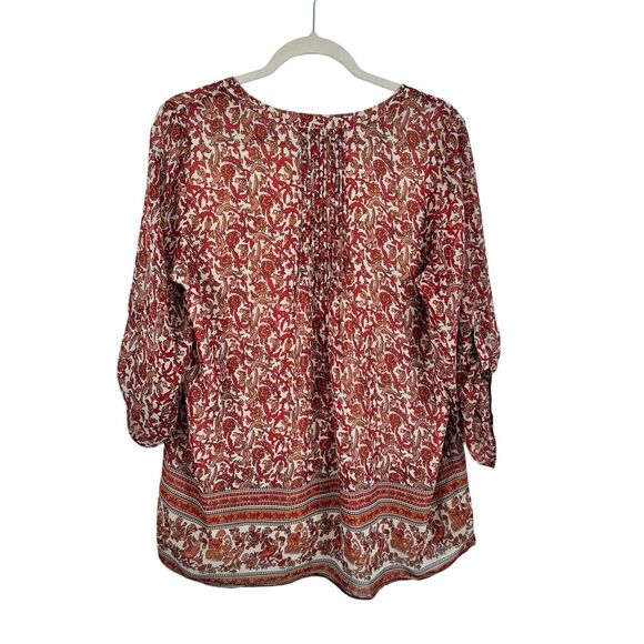 Meadow Rue Anthropologie Orange Floral Roll Tab Sleeve Blouse Boho Womens Large - Picture 5 of 6